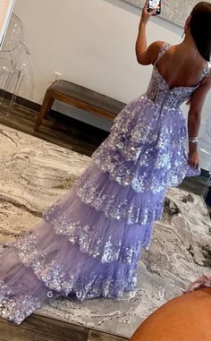 Bday Dresses, Formal Ideas, Reality Shifting, Princess Vibes, Beyonce Outfits, Ruffle Prom Dress, Purple Prom, Prom Ideas, Dream Dresses