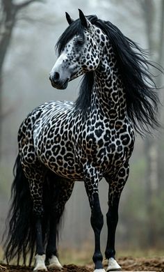 a black and white horse with long hair standing in front of some trees on a foggy day