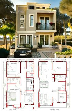 two story house plan with three floors and one car parked in the driveway, while another is