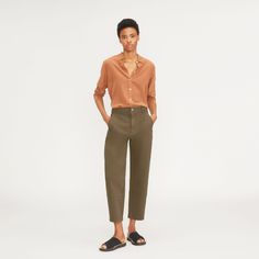 The shape of things to come. Made of lightweight cotton twill with just a touch of stretch, the Utility Barrel Pant is complete with a waist-nipping high rise, a cool curved leg, and an easy cropped length. Plus, it has utilitarian details, like accent stitching and patch pockets for a craftsman-inspired look. Utility Barrel Pant, Honeymoon Wardrobe, No Competition, Minimal Dress, Cropped Chinos, Flattering Pants, Blue Denim Pants, Khaki Pants Men, Slim Fit Pants