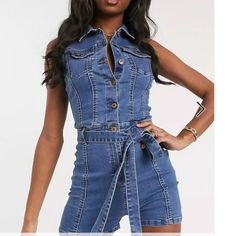 New W/ Tags Asos Size: 2 Thick Denim Material Spring Denim Blue Overall Vest, Denim Blue High-waist Fitted Denim Vest, Fitted High Waist Denim Vest, Fitted High-waist Denim Blue Vest, Blue Denim Overall Vest For Spring, Fitted Mid-rise Denim Jumpsuit, High Waist Medium Wash Denim Vest For Summer, High Waist Dark Wash Denim Vest For Summer, Fitted Denim Jumpsuit In Denim Blue