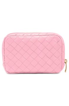 Perfect as an everyday makeup bag or a travel essential, this pretty-pink pouch with a signature handwoven intrecciato construction will always be appreciated. Zip-around closure Canvas lining Leather Made in Italy Designer Handbags Luxury Intrecciato Weave Clutch For Travel, Intrecciato Weave Clutch Pouch For Travel, Luxury Pink Pouch For Everyday Use, Luxury Pink Rectangular Coin Purse, Luxury Pink Rectangular Cosmetic Bag, Pink Rectangular Bag With Intrecciato Weave, Designer Pink Pouch For Everyday Use, Designer Pink Travel Pouch, Luxury Pink Cosmetic Bag For Everyday Use