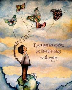 a painting of a boy flying butterflies on top of the earth with an inspirational quote