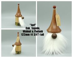 three different pictures of a gnome's hat with white and brown feathers