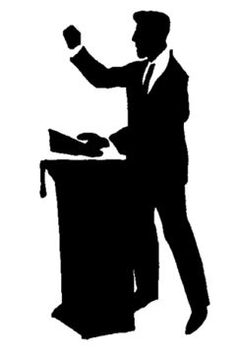 a black and white silhouette of a man in a suit standing at a desk with his arm raised