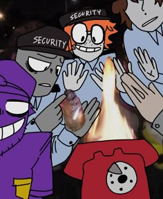 several cartoon characters surrounding a fire with the words security on their faces and hands in front of them