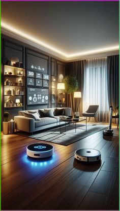 a living room filled with furniture and a robot vacuum on top of a hard wood floor