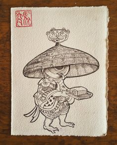 an ink drawing of a person holding a tray with food on it's head