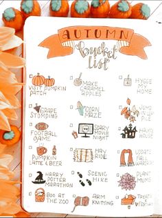 an autumn bucket list with pumpkins and other things to do in the fall season