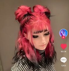 Gothic Grunge Hairstyles, Half An Half Hair Color, Pink Hair With Other Colors, Micro Dip Dye Hair, Emo Wedding Hairstyles, Half Hot Pink Half Black Hair, Professional Dyed Hair, Purple And Red Hair Half, Alt Hair Colors Ideas