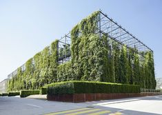 the building is covered with green plants and scaffolding on it's sides