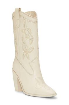 Classic embroidery, a notched topline and square toe give Western-inspired style to this leather boot. 3 1/2" heel 9 3/4" shaft Side zip closure Leather upper/synthetic lining/rubber sole Imported Western Style Mid-calf Boots With Block Heel For Spring, Cream Leather Snip Toe Heeled Boots, Cream Leather Heeled Boots With Snip Toe, Western Boots With Block Heel, Western Style Boots With Block Heel, Fitted Western Boots With Block Heel, Fitted Square Toe Heeled Boots For Rodeo, Western Cream Leather Heeled Boots, Cream Leather Western Heeled Boots