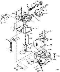 an assembly diagram for the engine and parts on a carburett, including