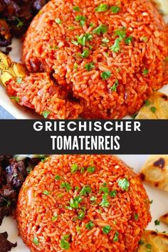 two plates with different types of food on them and the words greichscher tomate