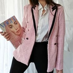 Pink Tweed Black Trimmed Blazer 100% Polyester Chic Pink Tweed Jacket For Spring, Chic Pink Tweed Outerwear, Pink Long Sleeve Tweed Jacket, Pink Tweed Jacket For Fall, Pink Tweed Jacket For Office, Pink Tweed Jacket For Spring Office Wear, Pink Tweed Office Jacket, Trendy Pink Tweed Outerwear, Pink Tweed Jacket For Winter Workwear