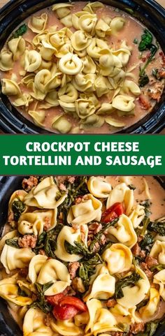 crockpot cheese tortellini and sausage soup in a black bowl with spinach