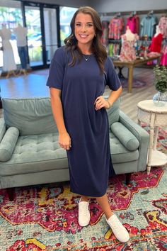 Everyone needs at least one color of our AMIRA T-Shirt Midi Dress! It is perfect to dress up or dress down. You cannot go wrong with its stretchy, breathable material and its level of comfort is unmatched! It runs true to size with a good bit of stretch. Model is wearing a small. Wash separately. Hang to dry. No bleach. Material: 82% Modal, 18% Polyester Small 2/4 Medium 6/8 Large 10/12 Blue T Shirt Dress, Tshirt Dress Outfit, T Shirt Midi Dress, Midi Dress Navy, Shirt Dress Outfit, Navy Blue T Shirt, Navy Midi Dress, Blue Maxi, Dressed Down