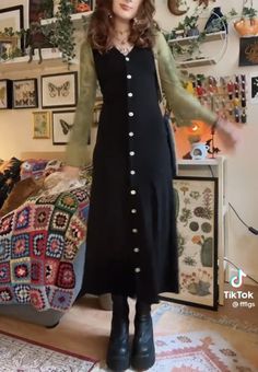 Spring Retro Aesthetic, Modest Witchy Outfits, Work Witch Outfit, Alt Preschool Teacher Outfits, Goth Cottage Core Fashion, Whimsigothic Winter Outfits, Long Overall Dress Outfit, Witch Work Outfit, Unreal Unearth Outfit