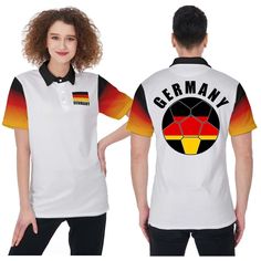 Casual sports Polo Shirt, skin-friendly, breathable, hydroscopic, elastic and soft, smooth and durable. Unique Design, great for German Football (Soccer) Fans to show their Patriotism and National Pride in their team. ● Please refer to Size Guide in images. Regular fit - Suggest you size up one size to allow for a more comfortable looser fit. ● Fabric: Pique ( 95% polyester and 5% spandex)  ● Fabric Base Color is always White as custom colors are fused into fabric in production phase. ● Button p Breathable White Polo Shirt For Sports Season, White Breathable Polo Shirt For Sports Season, White Breathable Polo Shirt For Sports Events, Sporty White Polo Shirt For Team Events, White Team Spirit Polo Shirt For Team Events, White Crew Neck Polo Shirt For Sports Events, Team Name Polo Shirt For Sports With Crew Neck, Casual White Polo Shirt For Team Events, Sports Polo Shirt With Sublimation Print And Crew Neck