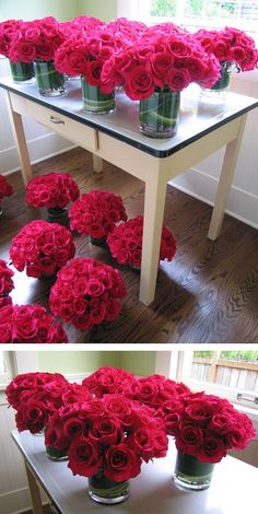 red roses in vases sitting on top of a table with the same amount as each other