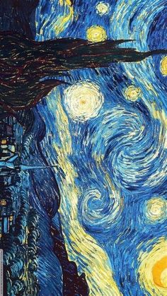 the starry night painting is shown in blue and yellow