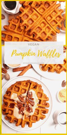 vegan pumpkin waffles with maple syrup and pecans