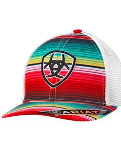 6 panel construction. Mid profile. Multicolored serape striped front with white mesh back. Black Ariat shield logo embroidered on front. Eyelet vents. Ladies Cap, Country Hats, Country Dresses, Bright Stripes, Womens Baseball Cap, M F, Queenstown, White Mesh, Cute Hats