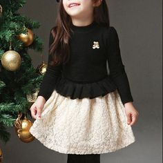 Bear Pattern Lace stitched Dress for Toddler Girl - PrettyKid Cotton Lace Patchwork Long Sleeve Dresses, Cute Black Long Sleeve Dress, Baby Winter Clothes, Dress For Toddler Girl, Bear Dress, Cheap Baby Clothes, Cool Baby Clothes, Winter Baby Clothes, Trendy Baby Clothes