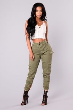 Available in Olive Mid Rise Cargo Pants With Button Fly Full Stretch 3 Pockets Stretch Elastic Ankle Inner Side Zipper 65% Cotton 33% Rayon 2% Spandex Imported  | Kalley Cargo Pants in Olive Green size 3X by Fashion Nova Olive Green Cargo Pants Outfit, Olive Cargo Pants Outfit, Olive Green Pants Outfit, Cargo Pants Women Outfit, Green Cargo Pants Outfit, Army Cargo Pants, Celana Kargo, Green Pants Outfit, Olive Green Cargo Pants