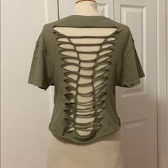 This Sweet Looking Crop Top Is Hand Styled To Perfection, With Ladder Design In Back. Army Green Color T-Shirt, With Front Pocket. Crop Is 8” From Armpit To Bottom. Size Medium Nwot Never Worn Ladder Design, Army Green Color, Halloween Stuff, Rock N, Tshirt Colors, Rock N Roll, Army Green, Green Color, Front Pocket