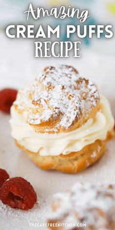 an ice cream puffs recipe with raspberries on the side