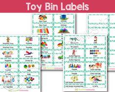 toy bin labels are shown with different items