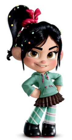 a cartoon girl with black hair and green shirt standing in front of a white background