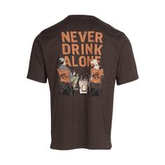 Only the best drinking buddies wear our Bass Pro Shops� Never Drink Alone Short-Sleeve T-Shirt for Men! The back graphic features an outdoorsman enjoying his favorite beverage with (arguably) the greatest drinking buddy ever. Soft 60% cotton/40% polyester fabric keeps you comfortable all day long. This graphic tee also features a ribbed collar and our iconic logo on the front left chest. Machine wash. Imported.  60% cotton/40% polyester;   Back graphic of an outdoorsman enjoying a drink with his dog;   Left-chest Bass Pro Shops logo;   Soft and comfortable;   Ribbed collar; Casual Brown T-shirt For Outdoor, Casual Letter Print T-shirt For Tailgating, Casual Crew Neck Tops For Tailgating, Casual Brown Tops For Outdoor Activities, Fishing Shop, Chest Machine, Heather Brown, Drinking Buddies, Iconic Logo