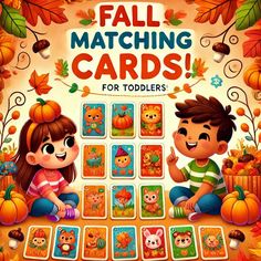 the fall matching cards for toddlers is shown in front of an autumn scene with pumpkins and leaves