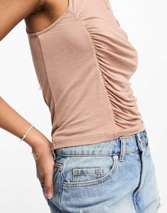 Top by Pull&Bear Your new go-to Crew neck Ruched detailing Regular fit Beige Ruched Sleeveless Top, Beige Sleeveless Ruched Top, Sleeveless Ruched Beige Tops, Spring Beige Ruched Top, Beige Ruched Stretch Top, Fitted Beige Ruched Top, Pale Pink, Pink Fashion, Asos