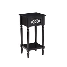 a black end table with an open drawer on the top and one drawer at the bottom