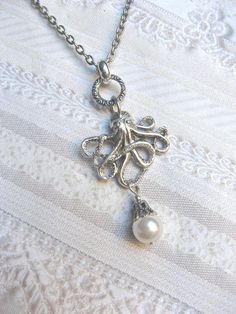 Silver Octopus Necklace  Octopus Pearl Necklace  by birdzNbeez Vintage Silver Jewelry With Pearl Charm, Elegant Antique Silver Charm Jewelry, Elegant Antique Silver Jewelry With Charms, Silver Jewelry With Pearl Charm For Jewelry Making, Pearl White Metal Jewelry For Gift, Nickel-free Pearl Jewelry As Gift, Nickel-free Pearl Jewelry Gift, Nickel-free Pearl Jewelry For Gifts, Silver Pearl Necklaces With Charms