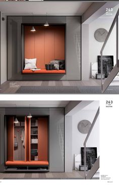 two pictures show the inside of a small room with stairs and storage space in it