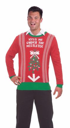 The under the mistletoe Christmas sweater adult will bring a lot of laughs at your next Holiday party. Kiss Me Under The Mistletoe, Diy Christmas Sweater, Diy Ugly Christmas Sweater, Christmas Fancy Dress, Mistletoe Christmas, Christmas Kiss, Ugly Christmas Sweaters, Christmas Costume