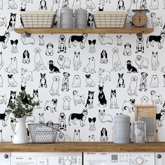 black and white wallpaper with dogs on it