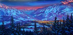 a painting of snow covered mountains at night with lights in the trees and buildings below