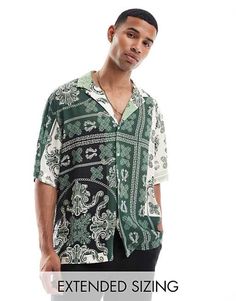 ASOS DESIGN oversized shirt in green paisley bandana print | ASOS Green Collared Shirt With All Over Print, Oversized Graphic Print Patterned Shirt, Green Collared Top With All Over Print, Green Top With All Over Print And Camp Collar, Green Printed Button-up Shirt, Trendy Green Printed Shirt, Casual Collared Tops With Paisley Print, Casual Shirt With Paisley Print And Relaxed Fit, Summer Short Sleeve Tops With Bandana Print