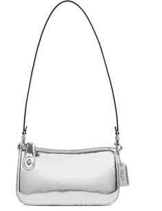 Small sized bag; 8-1/4"W x 4-3/4"H x 1-1/4"D (width is measured across the bottom of handbag); 0.66 lbs. approx. weight • Silhouette is based off 5'9" model • 12"L removable shoulder strap • Zip closure • Silver-tone hardware • 3 interior card slots • Lined • Leather • Spot clean Elegant Shoulder Bag With Silver-tone Hardware For On-the-go, Evening Crossbody Baguette Bag With Silver-tone Hardware, Classic Shoulder Bag With Silver-tone Hardware, Baguette Bag With Palladium Hardware For Travel, Elegant Coach Crossbody Baguette Bag, Elegant Coach Baguette Bag With Detachable Strap, Coach Evening Baguette Shoulder Bag, Coach Baguette Evening Shoulder Bag, Evening Coach Baguette Shoulder Bag