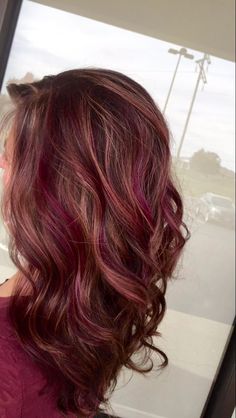 Red And Purple Lowlights In Brown Hair, Burgundy And Light Brown Hair, Fuschia Highlights Brown Hair, Vivid Lowlights, Wine Colored Hair With Highlights, Light Brown And Burgundy Hair, Ash Brown With Red Highlights, Purple Highlights In Red Hair, Auburn Hair With Purple Highlights