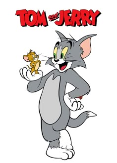 the cartoon tom and jerry character is holding a mouse in his right hand, while he's smiling