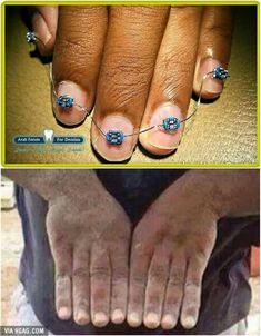 two pictures with different types of nails and one has blue beads on the tip of it