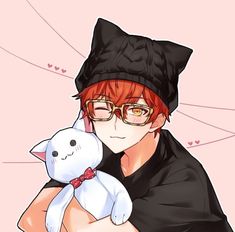 a man with glasses and a hat holding a white cat in his arms on a pink background