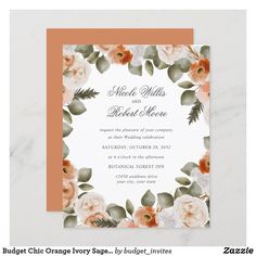 a wedding card with flowers and leaves on it