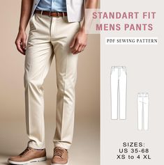 men's pants sewing pattern with standard fit and flattering legs, sizes xs to 4xl